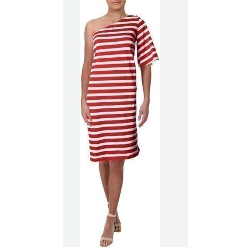 Lauren Ralph Lauren Red White Nautical One Shoulder Cotton Dress L Coastal EUC